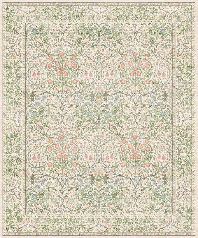 Vintage Washable Beige Green 10x12 Rug for Living Room - Extra Large Area Rug for Dining Room Under Table, Soft Low Pile Carpet for Bedroom - Botanical Forest Floral Design