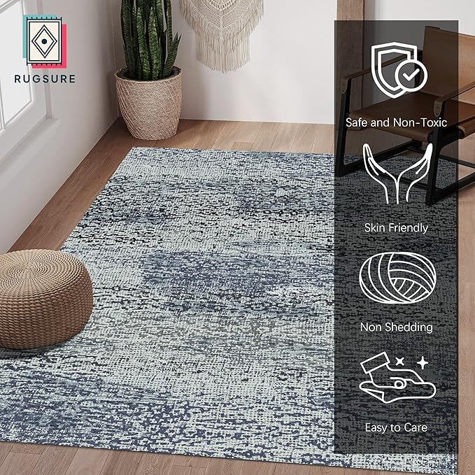 RUGSURE Washable Area Rug - 1/6 Thick - Stain & Water Resistant Non-Slip - Resistant Rug for Living Room, Bedroom, Nursery, Pet & Child Friendly, Vintage Charm Area Rugs (Grey+LightTeal, 9' x 12')