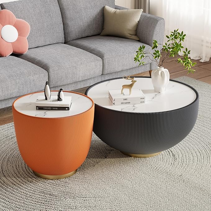 Round Coffee Table Set with Sintered Stone Tabletop, 27.56" Grey Drum Center Table and 19.69" Orange Coffee Table Set, 2 Pieces Living Room Table Set with Fluted PU Leather Cover& Metal Base
