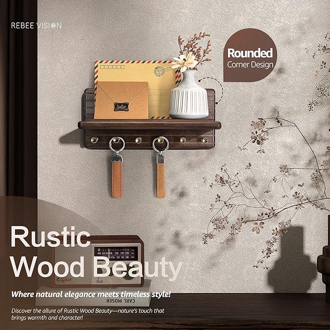 Rebee Vision Acacia Wood Key Holder Wall Mount - Farmhouse Key Holder for Wall with 6 Hooks & Floating Shelf - Apartment Essentials for Home Decor Living Room (Black Walnut)