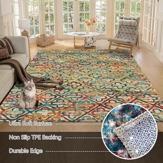 RUGSURE Washable Area Rugs, 9' x 12' - 1/6 Thick - Stain & Water Resistant Non-Slip - Perfect Resistant Rug for Living Room, Bedroom, Nursery, Pet & Child Friendly, Vibrant Colors Rugs, Multicolor