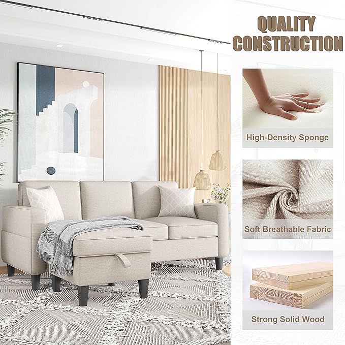 ZeeFu Couch for Living Room - 78'' 3 Seat L-Shaped Sectional Sofa Couches with Storage Ottoman - Modern Small Space Upholstered Furniture Sofa Set for Office Small Space Apartment Bedroom