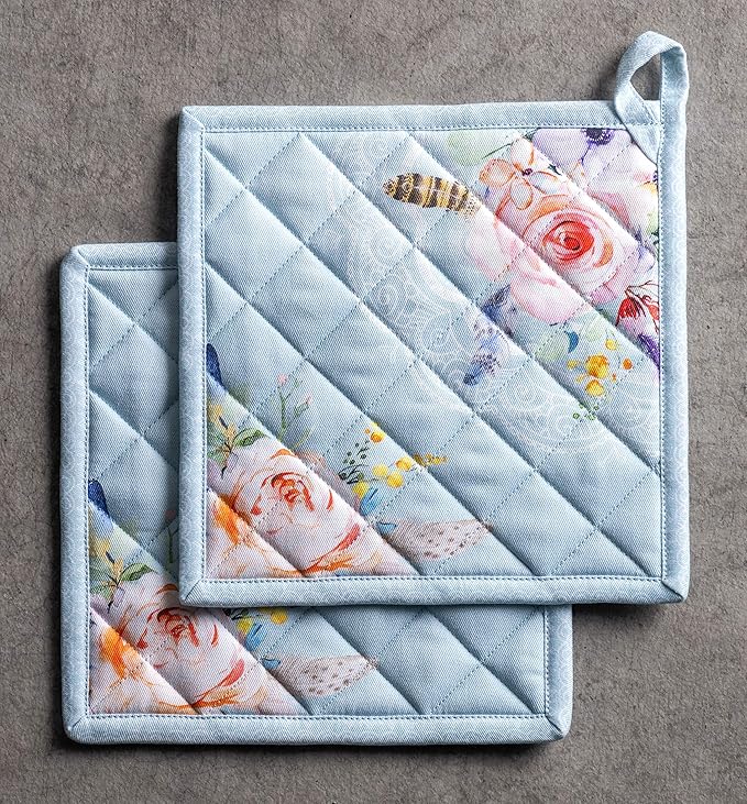 Maison d' Hermine Pot Holders Set 100% Cotton Heat Resistant Potholders 8" x 8" Hot Pads with Loop BBQ, Cooking, Baking, Grilling, Kitchen, Handling Hot Pans Spring/Summer (Pack of 2, Ibiza)