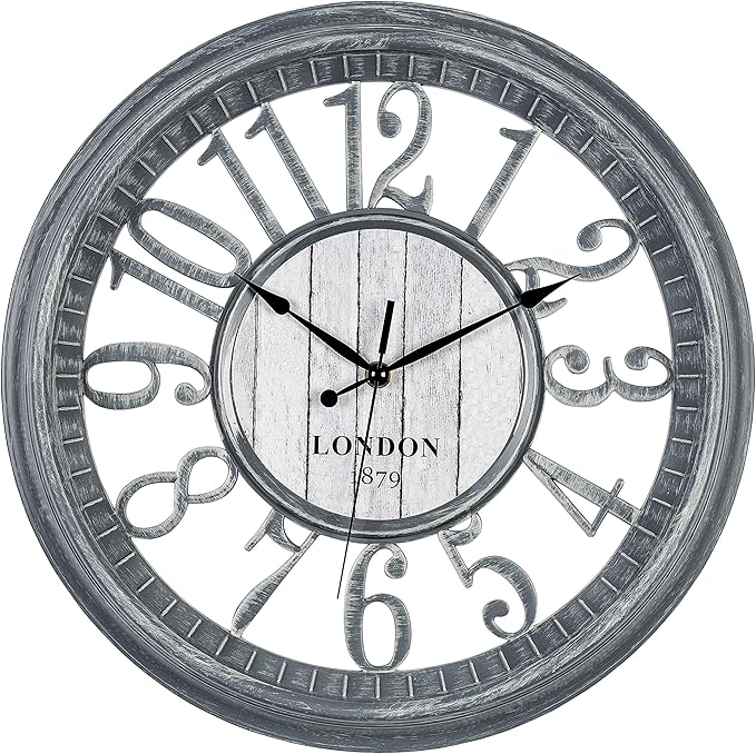 Bernhard Products Large Wall Clock 16 Inch Gray Noiseless Battery Operated Quality Quartz Rustic Farmhouse Shabby Chic Vintage Design for Kitchen/Living Room/Bedroom/Decorative Stylish Clocks