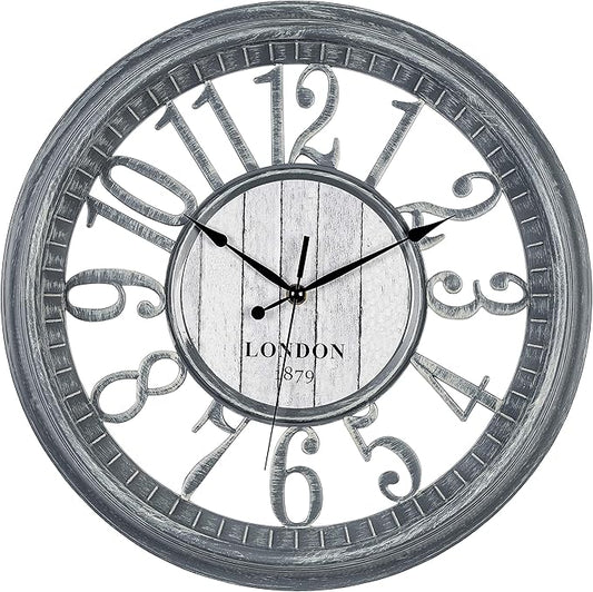 Bernhard Products Large Wall Clock 16 Inch Gray Noiseless Battery Operated Quality Quartz Rustic Farmhouse Shabby Chic Vintage Design for Kitchen/Living Room/Bedroom/Decorative Stylish Clocks