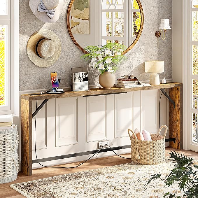 TIQLAB Sofa Table, 79 inch Long Console Table Behind Couch, Narrow Entryway Table with Angled Metal Frame, Industrial Console Table for Entryway, Rustic Brown