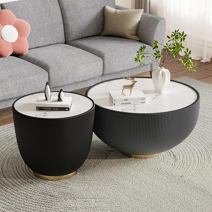 Round Coffee Table Set with Sintered Stone Tabletop, 27.56" Grey Drum Center Table and 19.69" Black Coffee Table Set, 2 Pieces Living Room Table Set with Fluted PU Leather Cover& Metal Base