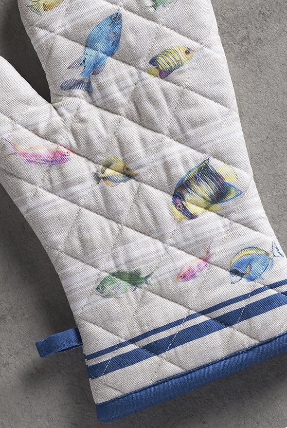 Maison d' Hermine Oven Gloves 100% Cotton Oven Mitt 7" x 13" with Loop Heat Resistant, BBQ, Cooking Gloves, Baking, Grilling, Kitchen, Handling Hot Pans Spring/Summer (Pack of 1, Poisson)