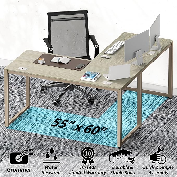 SHW 55 x 60 Inches Commercial-Grade L-Shape Corner Office Computer Desk, Maple