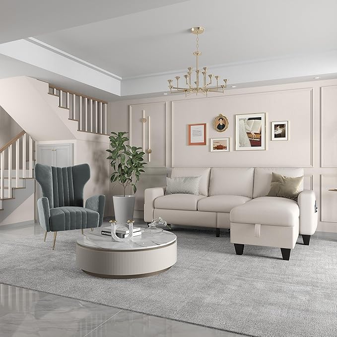 ZeeFu Couch for Living Room - 78'' Beige Linen 3 Seat L-Shaped Sectional Sofa Couches with Storage Ottoman - Modern Small Space Upholstered Furniture Sofa Set for Office Small Space Apartment Bedroom