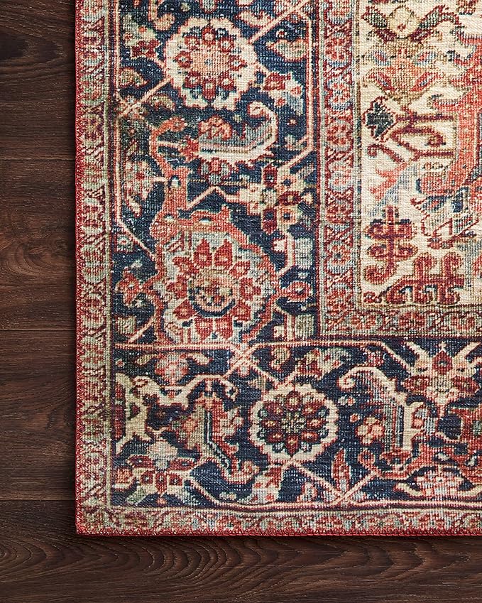 Loloi Layla Collection LAY-08 Red/Navy 2'-3" x 3'-9" .13" Thick Accent Rug, Soft, Durable, Vintage Inspired, Distressed, Low Pile, Non-Shedding, Easy Clean, Printed, Living Room Rug