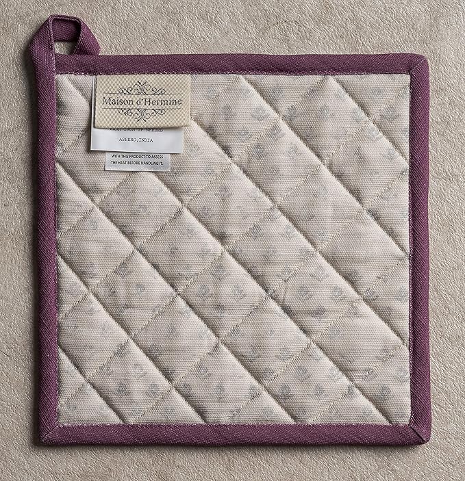 Maison d' Hermine 100% Cotton Oven Mitt & Pot Holder Set (7.5"x13" & 8"x8") Heat Resistant BBQ Cooking Gloves with Loop, Baking, Grilling, Kitchen, Handling Hot Pans Spring/Summer (Fanny Lavender)