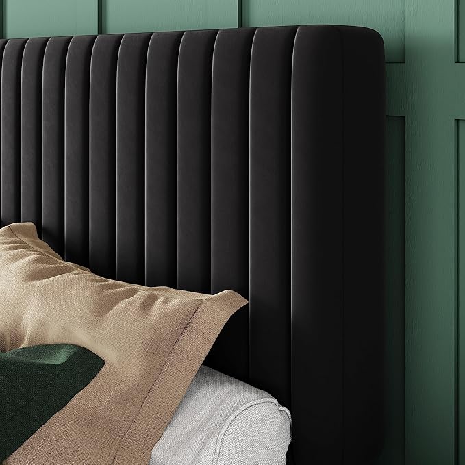 Allewie Queen Bed Frame, Velvet Upholstered Platform Bed with Vertical Channel Tufted Headboard, Mattress Foundation with Strong Wooden Slats, Box Spring Optional, Easy Assembly, Black