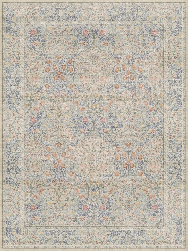 Washable Light Blue Bedroom Rug, 9x12 Area Rug for Living Room, Large Dining Room Rugs for Under Table, Soft Low Pile Non-Slip Stain Resistant Carpet - Vintage Floral Design (9x12 Beige Blue)