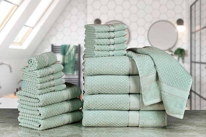 Ample Decor Bathroom Towel Set of 18-4 Bath Towel, 4 Hand Towel, 10 Wash Cloths - Ideal for Gifting, Hotel, Gym, Spa - Mint Green