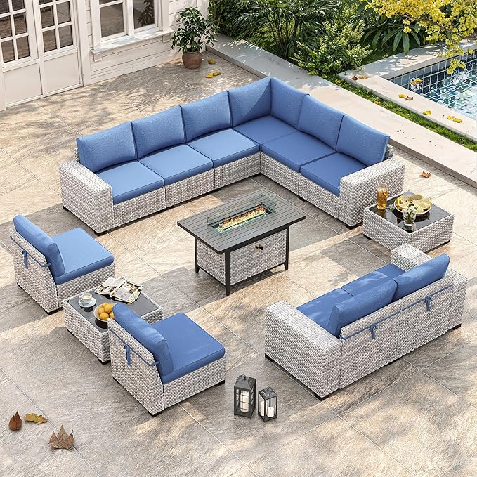 13 Piece Outdoor Wicker Rattan Sectional Sofa Set with 55,000 BTU Fire Pit Table, 10-Seats with 4" Thickened Cushions & Coffee Table, All-Weather PE Rattan for Garden, Backyard, Porch, Blue