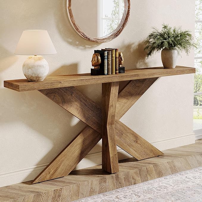 Tribesigns 70.9 Inches Long Sofa Table Behind Couch, Farmhouse Console Entry Table with Wooden Geometric Base for Entryway, Living Room, Oak Brown