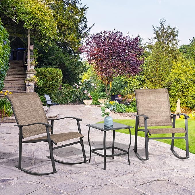 Shintenchi Rocking Chair Outdoor with Table, 3 Piece Rocking Patio Bistro Set, Outdoor Furniture Set with Metal Frame and Textilene Fabric for Small Space, Brown