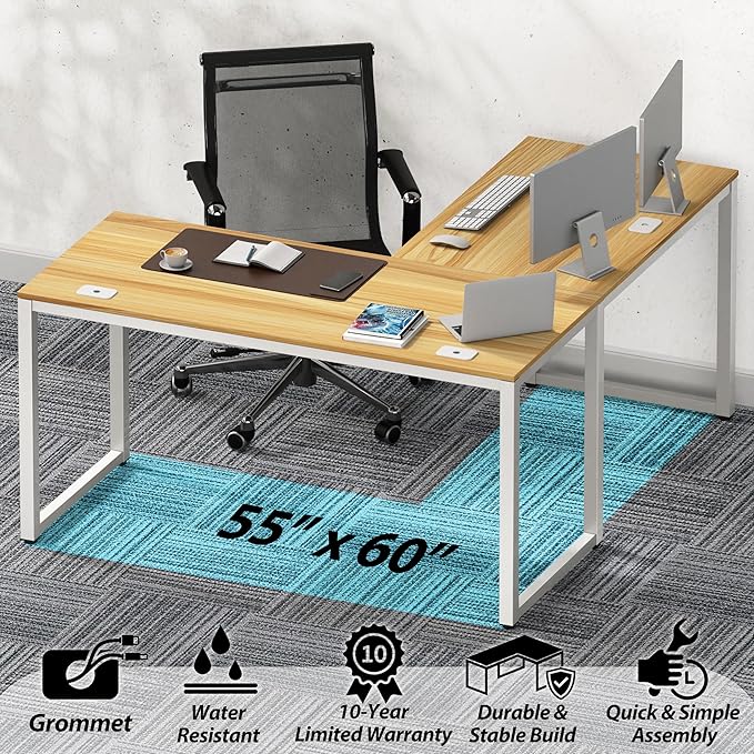 SHW 55 x 60 Inches Commercial-Grade L-Shape Corner Office Computer Desk, Oak