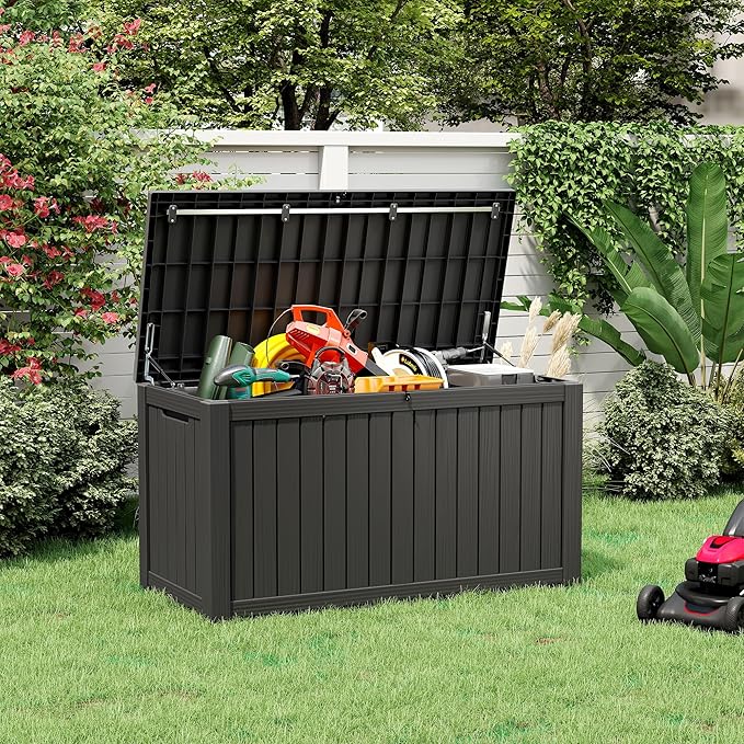 Outdoor Storage Box, Resin Deck Boxes Indoor and outdoor, Waterproof Storage Box Lockable Lid (Black, 150 Gallon)