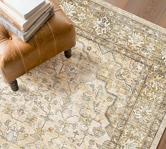 6x9 Area Rugs for Living Room,Machine Washable Low Pile Non Slip Stain Resistant Vintage Euro Floral Boho Desgin Carpet Rug for Bedroom Dining Room Kid's RoomHome Office,Natural Beige