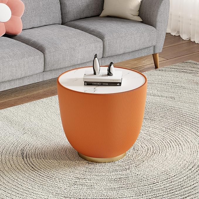 Orange Round Coffee Table with Sintered Stone Tabletop, 19.69 Drum Coffee Table with Fluted PU Leather Covered and Metal Base, Circle Cocktail Tea Table for Living Room