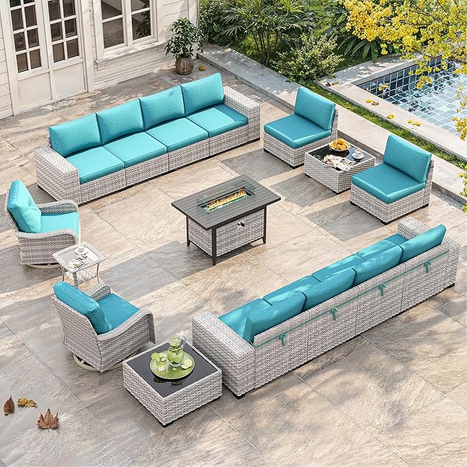 16 Piece Outdoor Wicker Rattan Sectional Sofa Set with Swivel Chairs & Fire Pit Table, 12-Seats with 4" Thickened Cushions & Coffee Table, All-Weather PE Rattan for Garden, Backyard, Porch, Navy