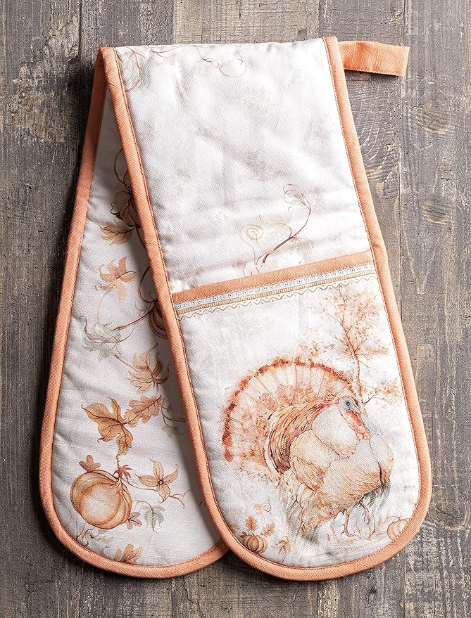 Maison d' Hermine Double Oven Mitt (7" x 35") 100% Cotton Heat Resistant BBQ Cooking Gloves with Loop for Thanksgiving Christmas Decorations Baking Cooking Barbeque Handling Hot Pan (Giving Thanks)