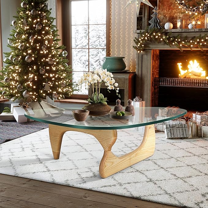 Triangle Glass Coffee Table with Solid Wood Base, 0.8'' Thick Clear Glass Top, 51'' Width Mid Century Modern Coffee Table for Living Room Bedroom Reception (Original Wood)