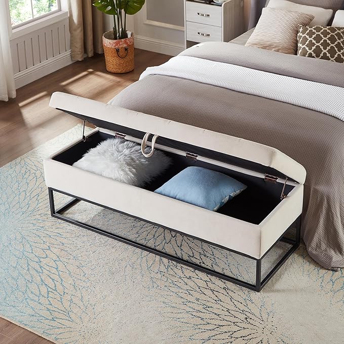 mikibama Velvet Storage Bench,58.6" Long Ottoman with Storage for Living Room,Tufted Storage Benches for Bedroom End of Bed,Entryway,Rectangle Window Seating Bench with Storage. (Velvet Beige)