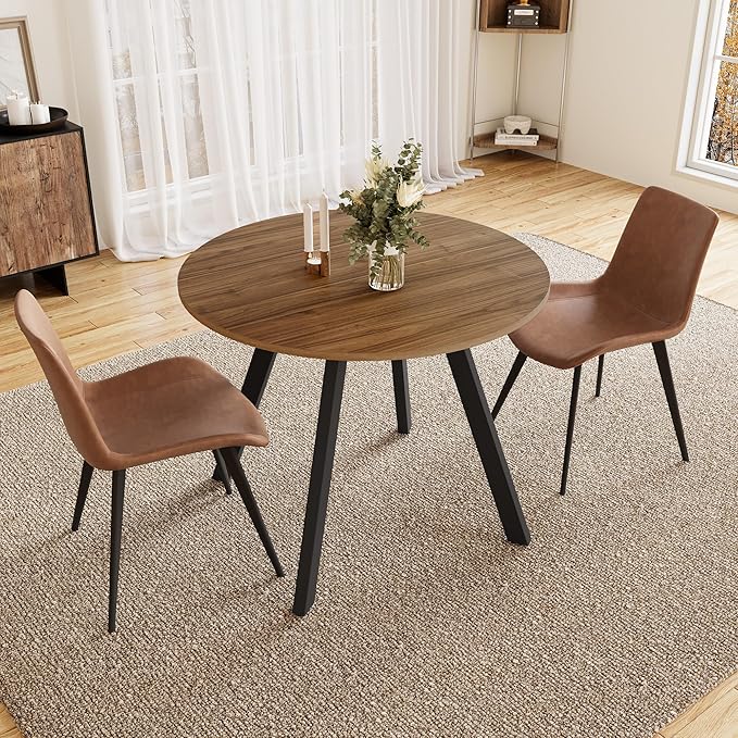 34.6'' Dining Table and Chairs for 2, Mid Century Modern Round Table Set, Space Saving for Apartment Kitchen Dining Room (Walnut Table+2 Brown Chairs)