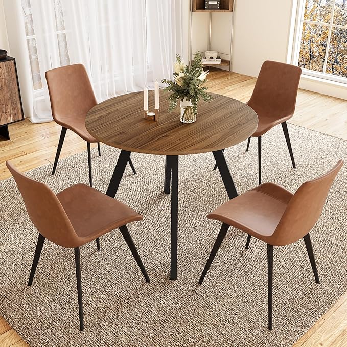 34.6'' Round Dining Table and Chairs for 4 Space Saving for Apartment Kitchen Dining Room (Walnut Table+4 Brown Chairs)