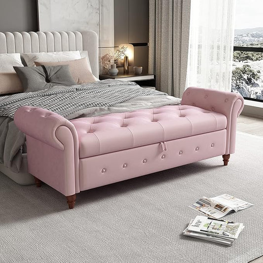 GNIXUU Ottoman with Storage Bench for Bedroom, 63" Velvet Upholstered End of Bed Storage Bench Seat, Rolled Arm Cushioned Ottoman with Wood Legs, Modern Window Chair for Living Room, Entryway, Pink