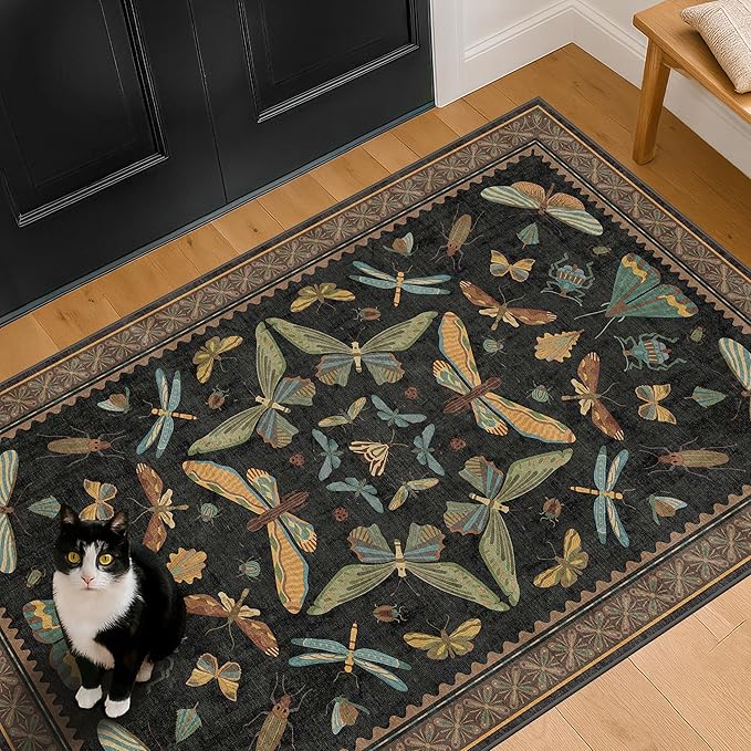 Black Front Door Mat Indoor Entrance Non Slip Washable - 3x4 Throw Rug for Kitchen, Mudroom, Bedroom Bedside, Insect Boho Vintage Aesthetic Décor