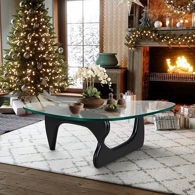 Noguchi Table Triangle Glass Coffee Table Vintage Glass End Table, Solid Wood Base and Triangle Clear Glass Top Modern End Table for Living Room, Patio, Study(Elegant Black)