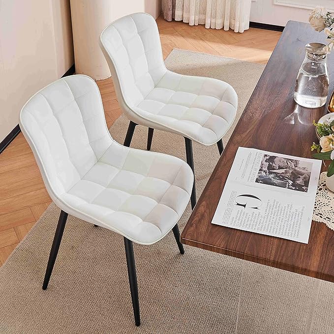 YOUTASTE White Dining Chairs Set of 2, Faux Leather Upholstered Armless Chairs with Back and Black Metal Legs, Mid Century Modern Kitchen Chairs for Living Room, Vanity, or Guest Reception Room