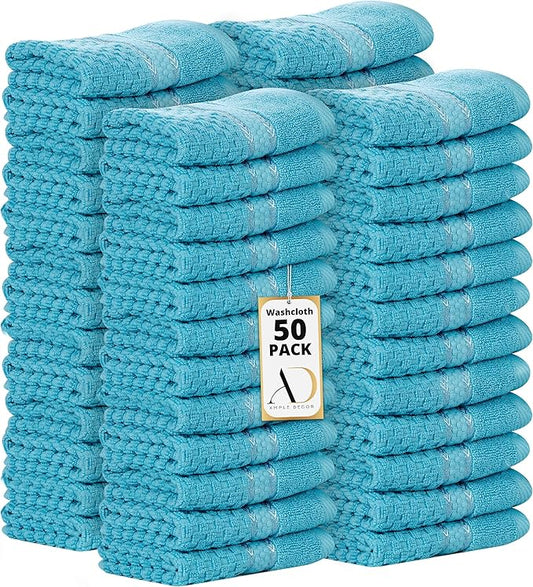 Ample Decor 100% Cotton Washcloths Set of 50 - Highly Absorbent, Popcorn Textured - Mulaayam Collection - 12 X 12 Inch Sky Blue