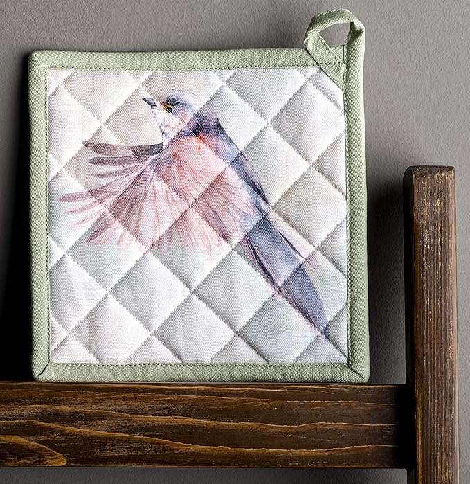 Maison d' Hermine Pot Holders Set 100% Cotton Heat Resistant Potholders 8" x 8" Hot Pads with Loop BBQ, Cooking, Baking, Grilling, Kitchen, Handling Hot Pans Spring/Summer (Pack of 2, Flying Birds)