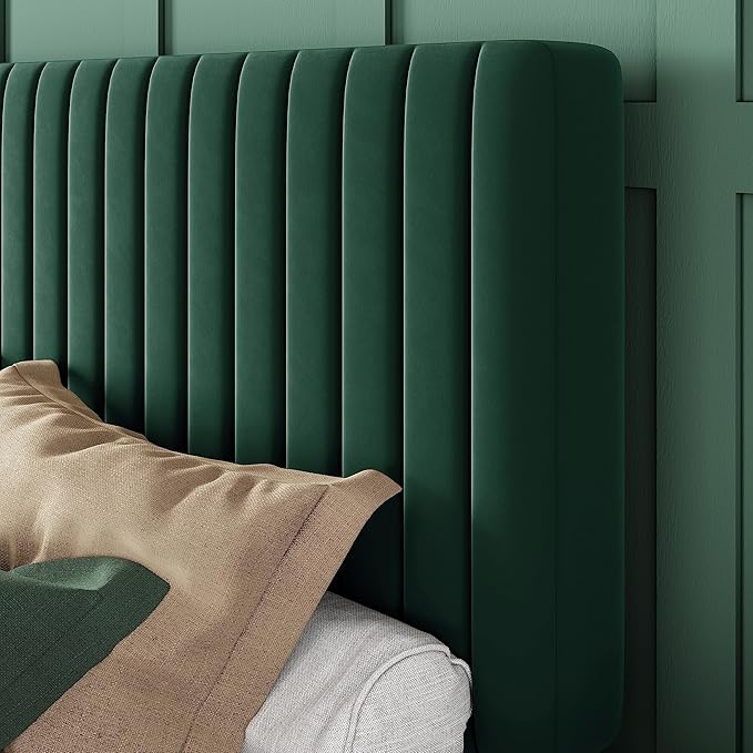 Allewie Full Bed Frame, Velvet Upholstered Platform Bed with Adjustable Vertical Channel Tufted Headboard, Mattress Foundation with Strong Wooden Slats, Box Spring Optional, Easy Assembly, Green