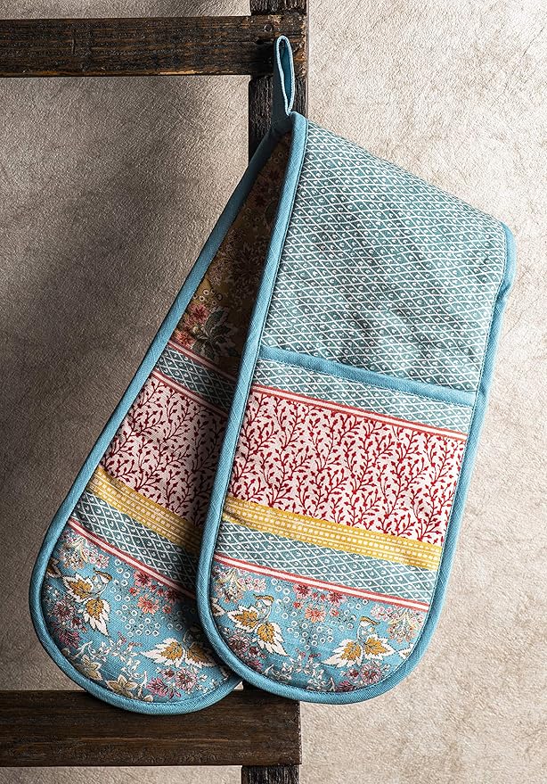 Maison d' Hermine Double Oven Mitts 100% Cotton 7"x35" Double Oven Mitt Heat Resistant BBQ Cooking Gloves with Loop, Baking, Grilling, Home, Kitchen, Handling Hot Pans Spring Summer (Marquise)