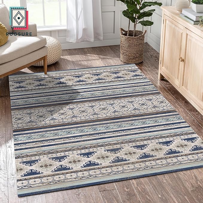 RUGSURE Washable Area Rugs 9' x 12' - 1/6 Thick - Moroccan-Inspired -Stain & Water Resistant Non-Slip - Resistant Rug for Living Room, Bedroom, Nursery, Pet & Child Friendly (Blue and Brown)