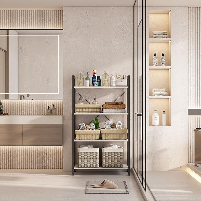 4-Tier Bookshelf, 47.2'' H Ladder Shelf, Industrial Bookcase, Wooden and Metal Storage Rack, Shelving Unit for Living Room Entryway Office, White Book Shelves, 24 * 11.8 * 47.2 inches