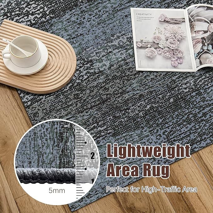 RUGSURE Washable Area Rug - 1/6 Thick - Stain & Water Resistant Non-Slip - Resistant Rug for Living Room, Bedroom, Nursery, Pet & Child Friendly, Vintage Charm Area Rugs (Darkgrey+Bule, 5' x 7')