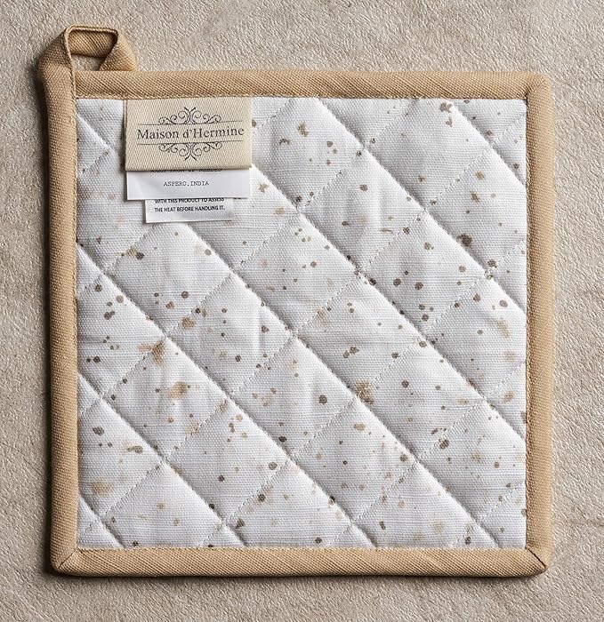 Maison d' Hermine Pot Holders 100% Cotton Heat Resistant Potholders 8" x 8" Hot Pads with Loop BBQ, Cooking, Grilling, Kitchen, Handling Hot Pans Spring/Summer (Pack of 1, Meadow Florals - Beige)