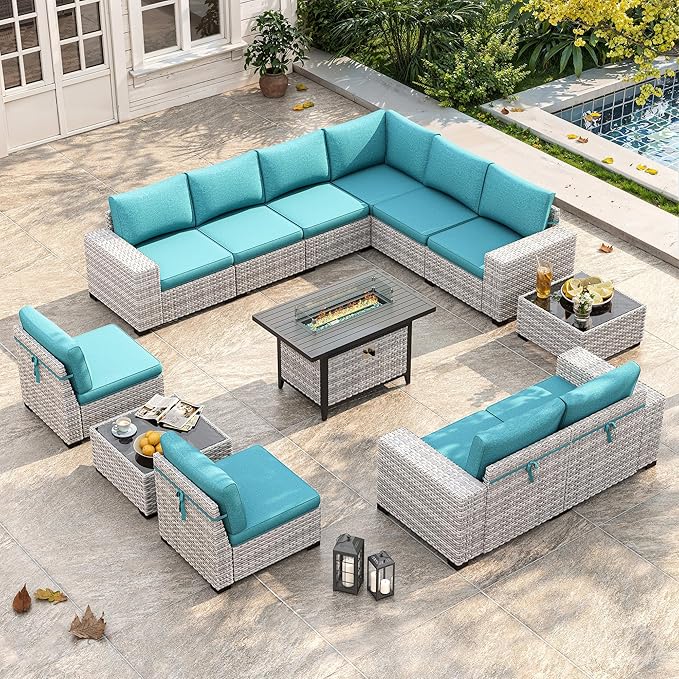 13 Piece Outdoor Wicker Rattan Sectional Sofa Set with 55,000 BTU Fire Pit Table, 10-Seats with 4" Thickened Cushions & Coffee Table, All-Weather PE Rattan for Garden, Backyard, Porch, Navy