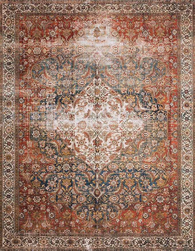 Loloi Layla Collection LAY-05 Ocean/Multi 9'-0" x 12'-0" .13" Thick Area Rug, Soft, Durable, Vintage Inspired, Distressed, Low Pile, Non-Shedding, Easy Clean, Printed, Living Room Rug