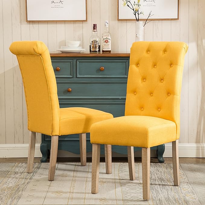Roundhill Furniture Habit Solid Wood Tufted Parsons Yellow Dining Chair, Set of 2,