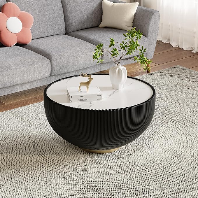 Black Round Coffee Table with Sintered Stone Tabletop, 27.56" Drum Coffee Table with Fluted PU Leather Covered and Metal Base, Circle Cocktail Tea Table for Living Room