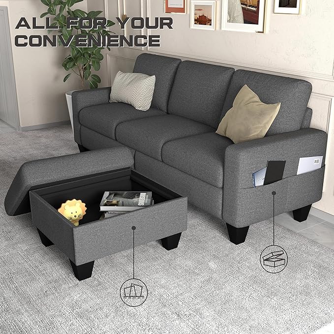 ZeeFu Couch for Living Room - 78'' Beige Linen 3 Seat L-Shaped Sectional Sofa Couches with Storage Ottoman - Modern Small Space Upholstered Furniture Sofa Set for Office Small Space Apartment Bedroom