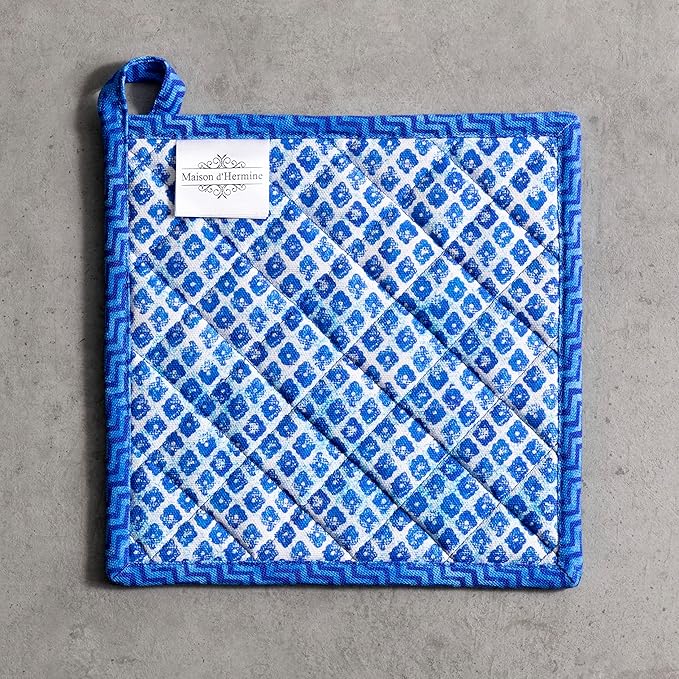 Maison d' Hermine Pot Holders 100% Cotton Heat Resistant Potholders 8" x 8" Hot Pads with Loop BBQ, Cooking, Baking, Grilling, Kitchen, Handling Hot Pans Spring/Summer (Pack of 1, Indigo Love)
